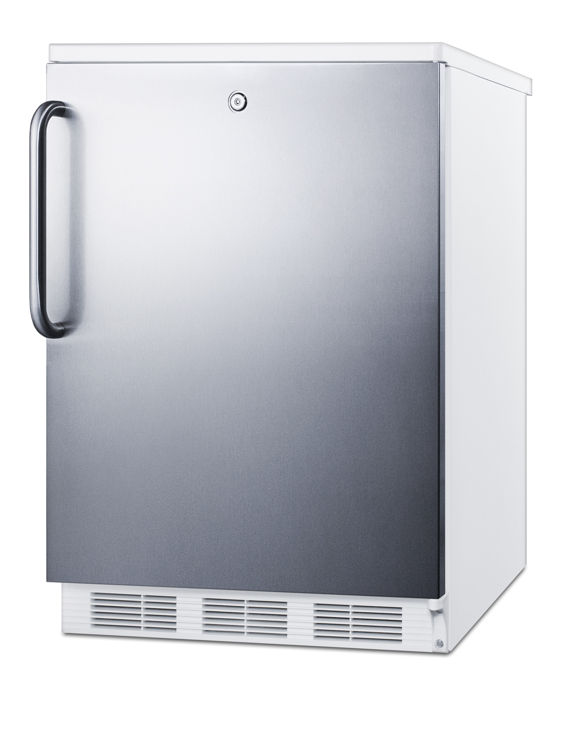 Commercially listed built-in undercounter all-refrigerator for general purpose use, auto defrost w/lock, SS door, towel bar handle, and white cabinet